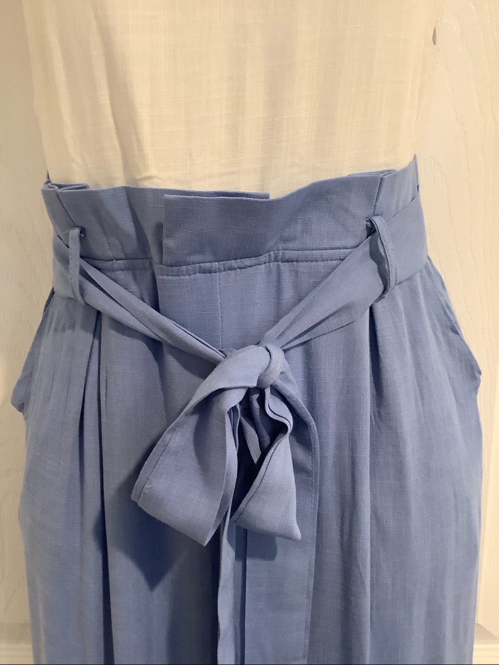 NWT REVAMPED White/Blue Gauzy Paper Bag Waist Coastal Beachy Summer Jumpsuit S - Picture 3 of 12
